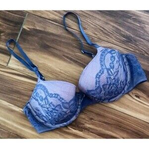 Victoria's Secret Lace Demi Bra Sz 34C Blue Floral Lace Lightly Lined Underwire